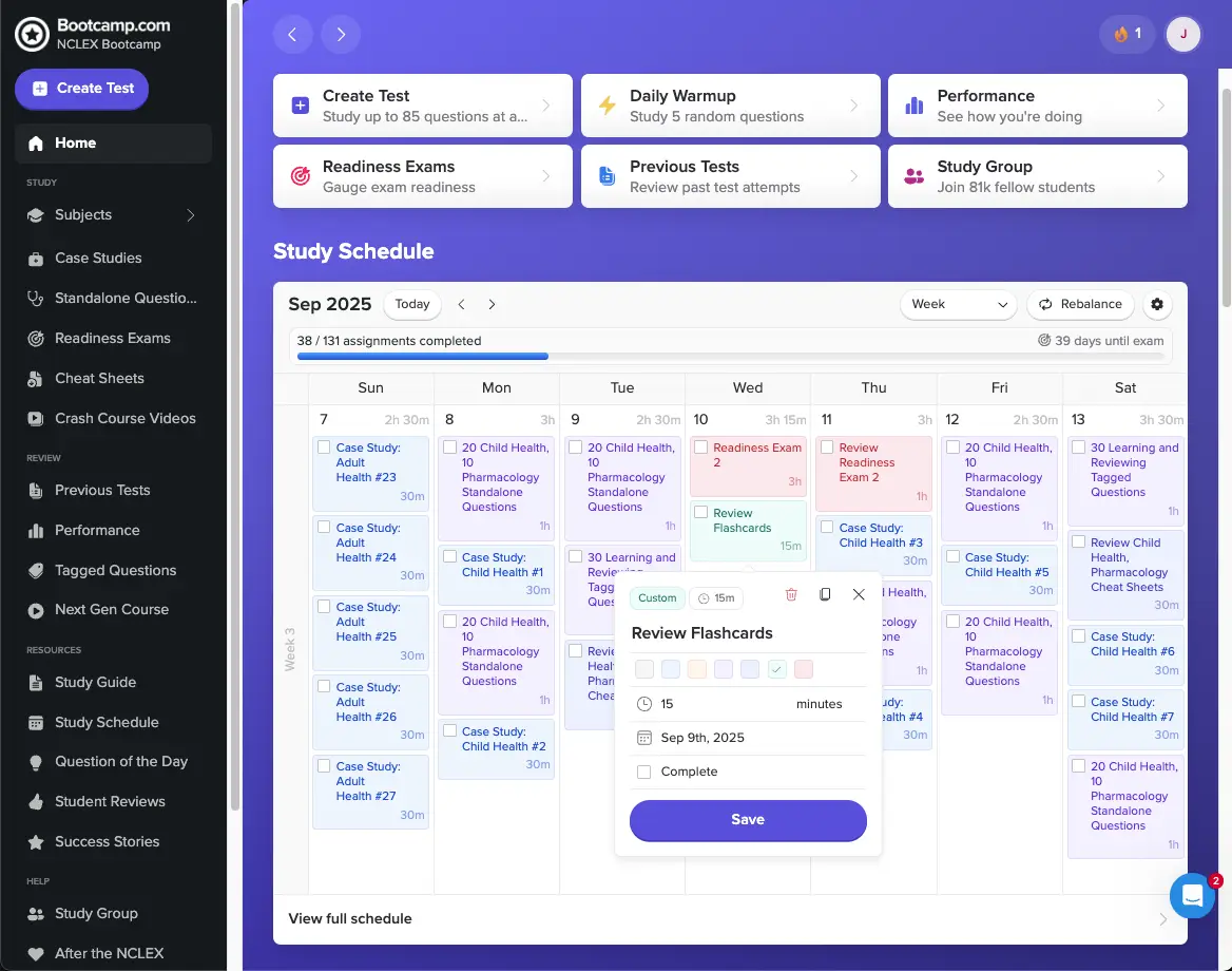 NCLEX Bootcamp Study Schedule with weekly calendar view and custom assignment creator