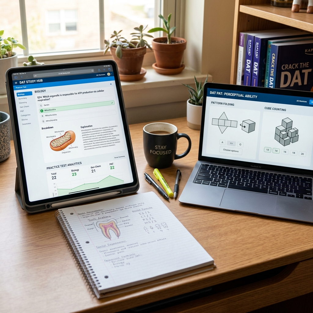 DAT Booster study interface showing practice test questions and analytics