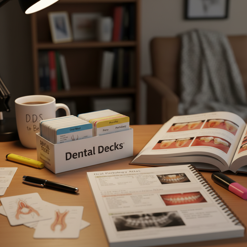 Dental Decks INBDE flashcard box on a study desk with case study booklets and oral pathology guide