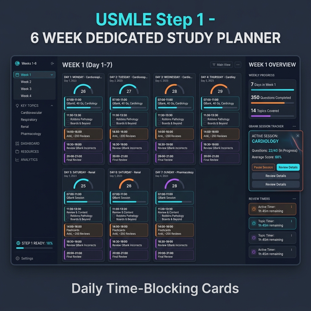Week-by-week USMLE Step 1 dedicated study schedule calendar